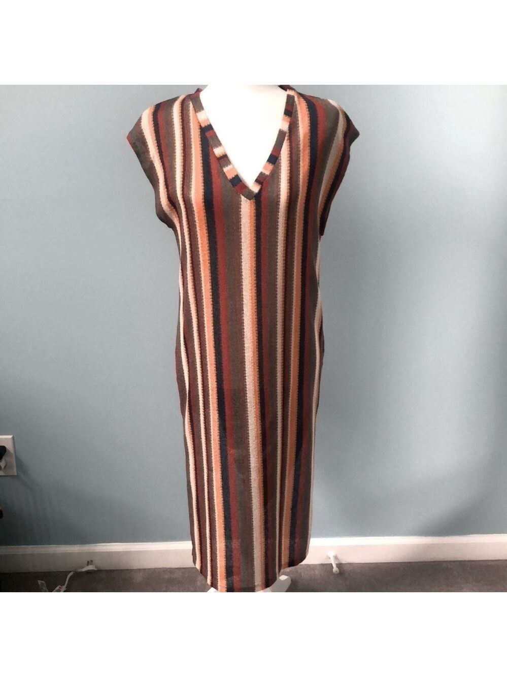 Zara Trafaluc Multi Color Stripe Knit Midi Sweater Sheath Dress Small